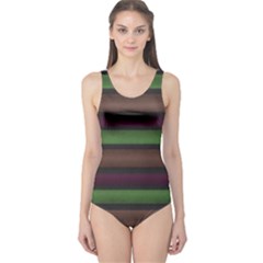 Stripes Green Brown Pink Grey One Piece Swimsuit by BrightVibesDesign