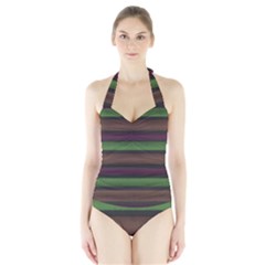 Stripes Green Brown Pink Grey Halter Swimsuit by BrightVibesDesign