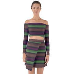 Stripes Green Brown Pink Grey Off Shoulder Top With Skirt Set