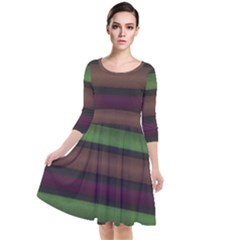 Stripes Green Brown Pink Grey Quarter Sleeve Waist Band Dress