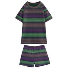 Stripes Green Brown Pink Grey Kids  Swim Tee And Shorts Set