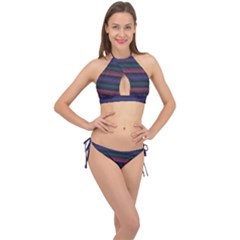 Stripes Pink Purple Teal Grey Cross Front Halter Bikini Set by BrightVibesDesign