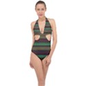 Stripes Green Red Yellow Grey Halter Front Plunge Swimsuit View1