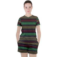 Stripes Green Red Yellow Grey Women s Tee And Shorts Set