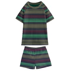 Stripes Green Red Yellow Grey Kids  Swim Tee And Shorts Set by BrightVibesDesign