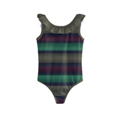 Stripes Green Red Yellow Grey Kids  Frill Swimsuit by BrightVibesDesign