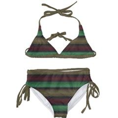 Stripes Green Red Yellow Grey Kids  Classic Bikini Set by BrightVibesDesign