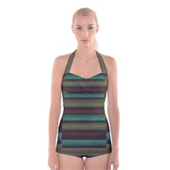 Stripes Green Yellow Brown Grey Boyleg Halter Swimsuit  by BrightVibesDesign