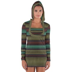 Stripes Green Yellow Brown Grey Long Sleeve Hooded T-shirt by BrightVibesDesign