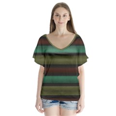 Stripes Green Yellow Brown Grey V-neck Flutter Sleeve Top by BrightVibesDesign