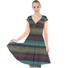 Stripes Green Yellow Brown Grey Cap Sleeve Front Wrap Midi Dress