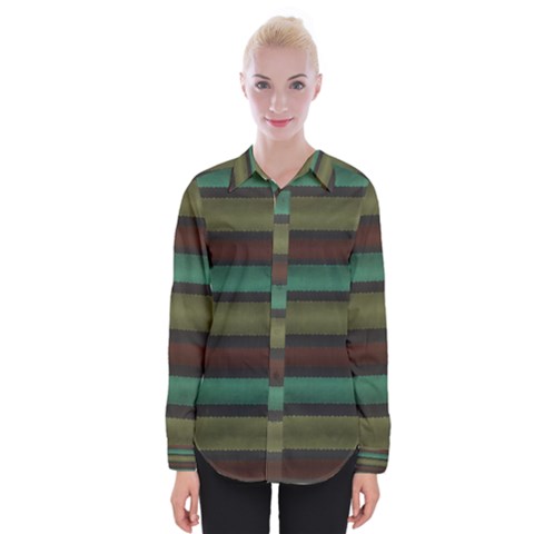 Stripes Green Yellow Brown Grey Womens Long Sleeve Shirt by BrightVibesDesign