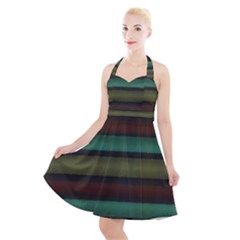 Stripes Green Yellow Brown Grey Halter Party Swing Dress 