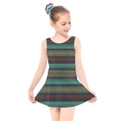 Stripes Green Yellow Brown Grey Kids  Skater Dress Swimsuit by BrightVibesDesign