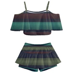 Stripes Green Yellow Brown Grey Kids  Off Shoulder Skirt Bikini