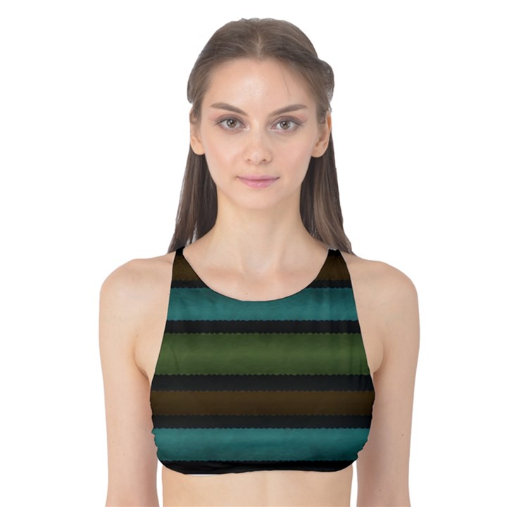 Stripes Teal Yellow Brown Grey Tank Bikini Top