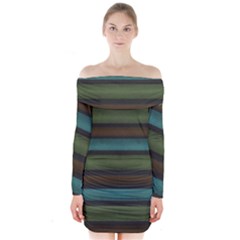 Stripes Teal Yellow Brown Grey Long Sleeve Off Shoulder Dress by BrightVibesDesign