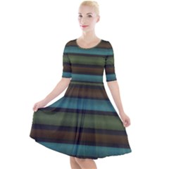 Stripes Teal Yellow Brown Grey Quarter Sleeve A-line Dress