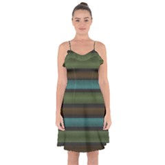 Stripes Teal Yellow Brown Grey Ruffle Detail Chiffon Dress