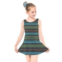 Stripes Teal Yellow Brown Grey Kids  Skater Dress Swimsuit