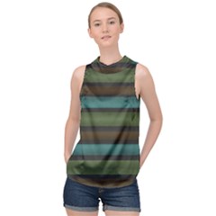 Stripes Teal Yellow Brown Grey High Neck Satin Top