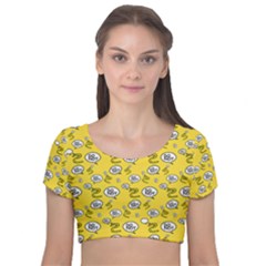 No Step On Snek Do Not Bubble Speech Pattern Yellow Background Meme Velvet Short Sleeve Crop Top 