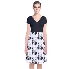 Trump Retro Face Pattern Maga Black And White Us Patriot Short Sleeve Front Wrap Dress by snek