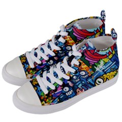 Graffiti Urban Colorful Graffiti Cartoon Fish Women s Mid-top Canvas Sneakers