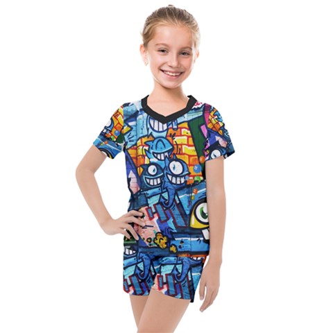 Graffiti Urban Colorful Graffiti Cartoon Fish Kids  Mesh Tee And Shorts Set by genx