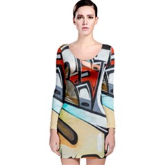 Blue Face King Graffiti Street Art Urban Blue And Orange Face Abstract Hiphop Long Sleeve Velvet Bodycon Dress by genx