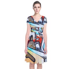 Blue Face King Graffiti Street Art Urban Blue And Orange Face Abstract Hiphop Short Sleeve Front Wrap Dress by genx