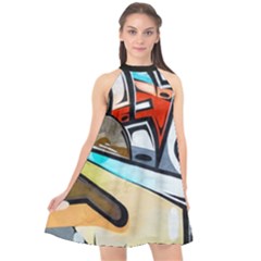 Blue Face King Graffiti Street Art Urban Blue And Orange Face Abstract Hiphop Halter Neckline Chiffon Dress  by genx