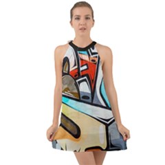 Blue Face King Graffiti Street Art Urban Blue And Orange Face Abstract Hiphop Halter Tie Back Chiffon Dress