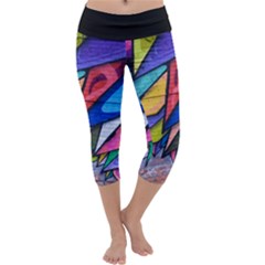 Urban Colorful Graffiti Brick Wall Industrial Scale Abstract Pattern Capri Yoga Leggings by genx