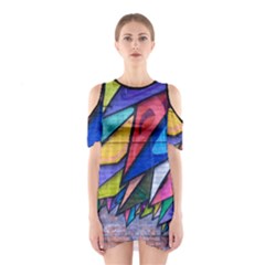 Urban Colorful Graffiti Brick Wall Industrial Scale Abstract Pattern Shoulder Cutout One Piece Dress by genx