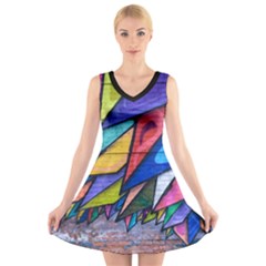 Urban Colorful Graffiti Brick Wall Industrial Scale Abstract Pattern V-neck Sleeveless Dress by genx