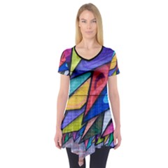 Urban Colorful Graffiti Brick Wall Industrial Scale Abstract Pattern Short Sleeve Tunic  by genx