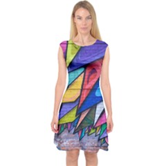 Urban Colorful Graffiti Brick Wall Industrial Scale Abstract Pattern Capsleeve Midi Dress by genx