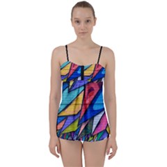 Urban Colorful Graffiti Brick Wall Industrial Scale Abstract Pattern Babydoll Tankini Set by genx