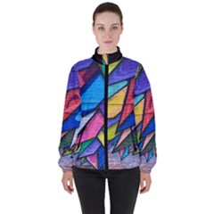 Urban Colorful Graffiti Brick Wall Industrial Scale Abstract Pattern High Neck Windbreaker (women) by genx