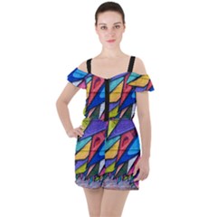 Urban Colorful Graffiti Brick Wall Industrial Scale Abstract Pattern Ruffle Cut Out Chiffon Playsuit by genx