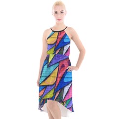 Urban Colorful Graffiti Brick Wall Industrial Scale Abstract Pattern High-low Halter Chiffon Dress 