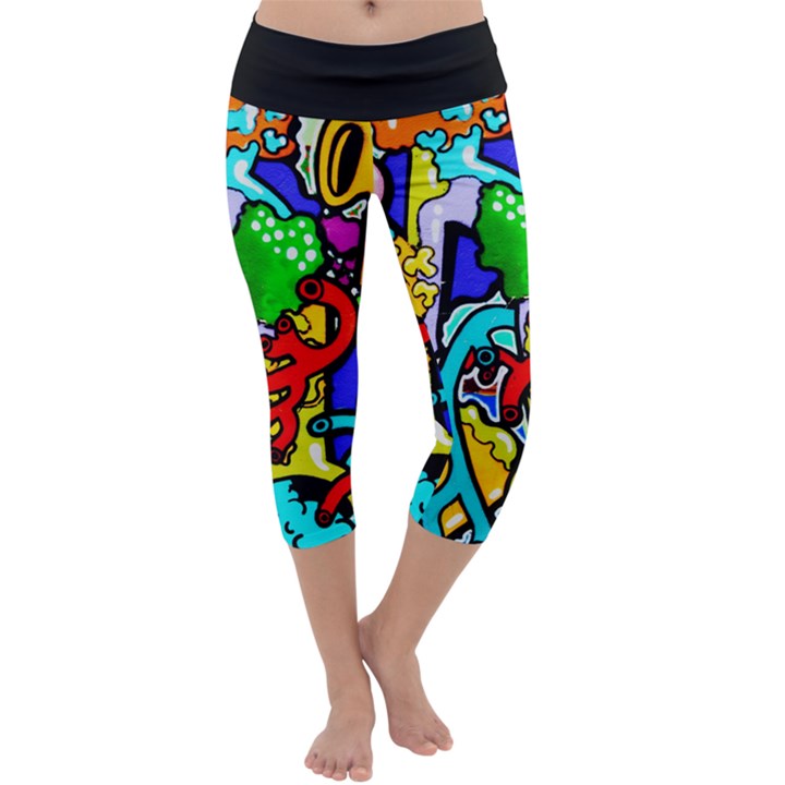 Graffiti abstract with colorful tubes and biology artery theme Capri Yoga Leggings