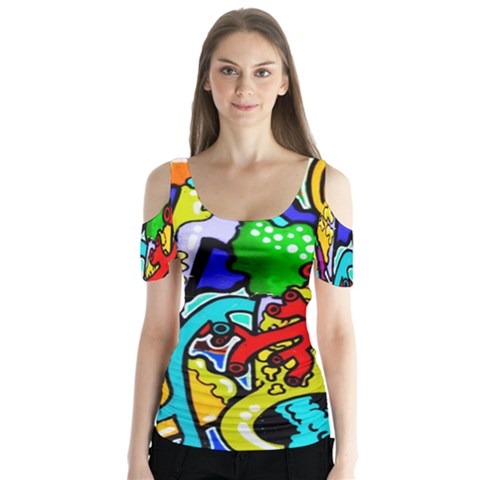 Graffiti Abstract With Colorful Tubes And Biology Artery Theme Butterfly Sleeve Cutout Tee  by genx