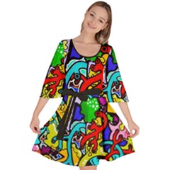 Graffiti Abstract With Colorful Tubes And Biology Artery Theme Velour Kimono Dress