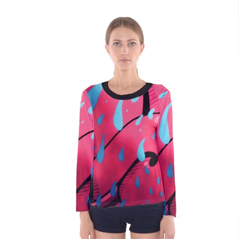 Graffiti Watermelon Pink With Light Blue Drops Retro Women s Long Sleeve Tee by genx