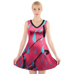 Graffiti Watermelon Pink With Light Blue Drops Retro V-neck Sleeveless Dress by genx