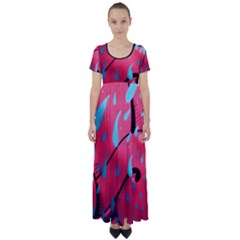 Graffiti Watermelon Pink With Light Blue Drops Retro High Waist Short Sleeve Maxi Dress by genx