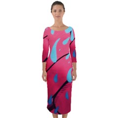 Graffiti Watermelon Pink With Light Blue Drops Retro Quarter Sleeve Midi Bodycon Dress