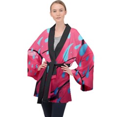 Graffiti Watermelon Pink With Light Blue Drops Retro Velvet Kimono Robe by genx